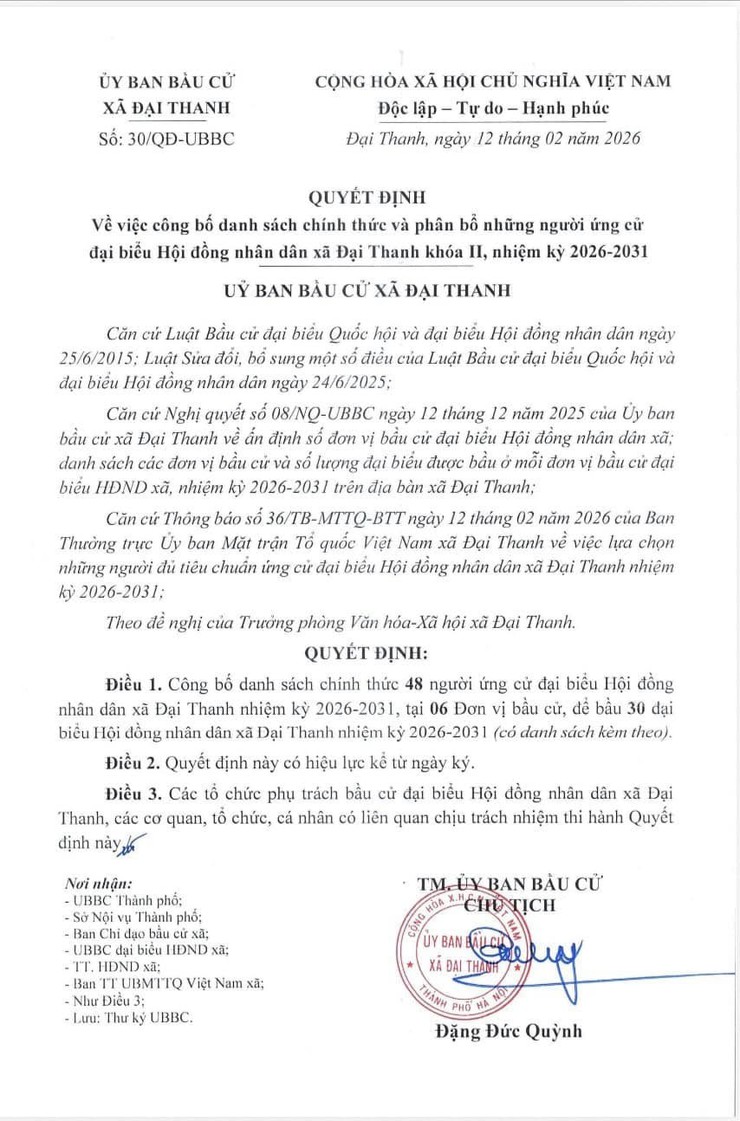 Quyết định về việc công bố danh sách chính thức và phân bổ những người ứng cử đại biểu Hội đồng nhân dân xã Đại Thanh khoá II, nhiệm kỳ 2026-2031- Ảnh 1.