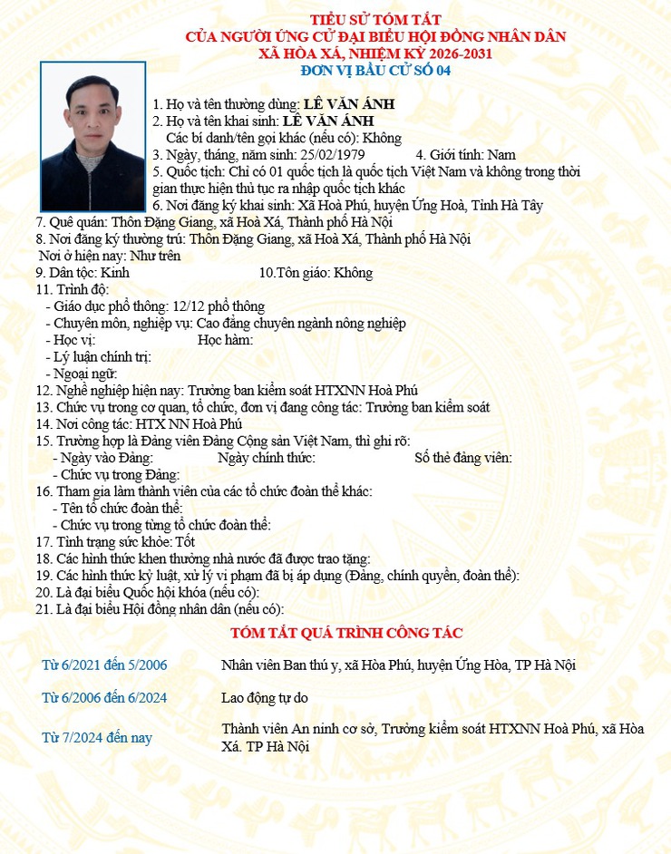ĐƠN VỊ BẦU CỬ SỐ 04 XÃ HÒA XÁ 
DANH SÁCH CHÍNH THỨC NHỮNG NGƯỜI ỨNG CỬ ĐẠI BIỂU HỘI ĐỒNG NHÂN DÂN XÃ HÒA XÁ KHOÁ II, NHIỆM KỲ 2026-2031- Ảnh 2.