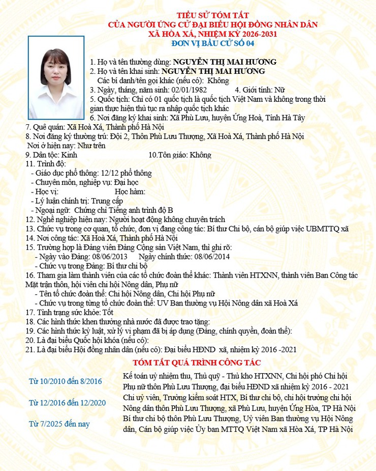 ĐƠN VỊ BẦU CỬ SỐ 04 XÃ HÒA XÁ 
DANH SÁCH CHÍNH THỨC NHỮNG NGƯỜI ỨNG CỬ ĐẠI BIỂU HỘI ĐỒNG NHÂN DÂN XÃ HÒA XÁ KHOÁ II, NHIỆM KỲ 2026-2031- Ảnh 3.