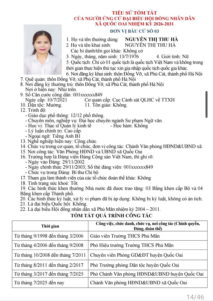 Danh sách những người ứng cử đại biểu HĐND xã Quốc Oai khoá 2, nhiệm kỳ 2026 - 2031- Ảnh 15.