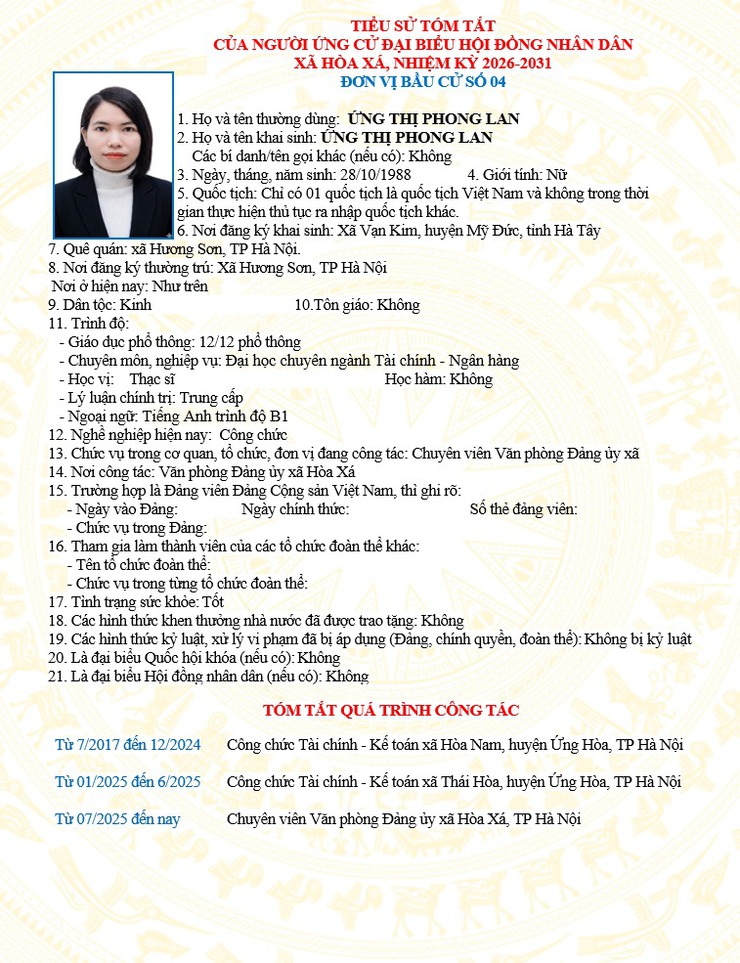 ĐƠN VỊ BẦU CỬ SỐ 04 XÃ HÒA XÁ 
DANH SÁCH CHÍNH THỨC NHỮNG NGƯỜI ỨNG CỬ ĐẠI BIỂU HỘI ĐỒNG NHÂN DÂN XÃ HÒA XÁ KHOÁ II, NHIỆM KỲ 2026-2031- Ảnh 4.