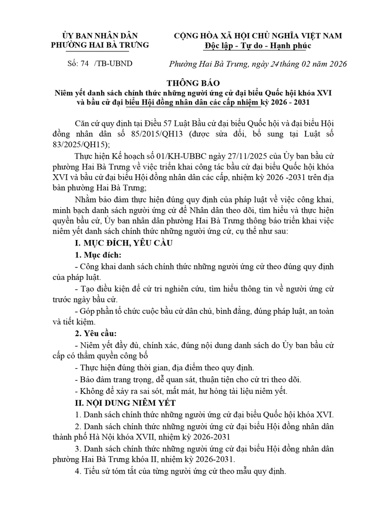 Thông báo niêm yết danh sách chính thức những người ứng cử đại biểu Quốc hội khóa XVI và bầu cử đại biểu Hội đồng nhân dân các cấp nhiệm kỳ 2026 - 2031 trên địa bàn phường Hai Bà Trưng.- Ảnh 1.