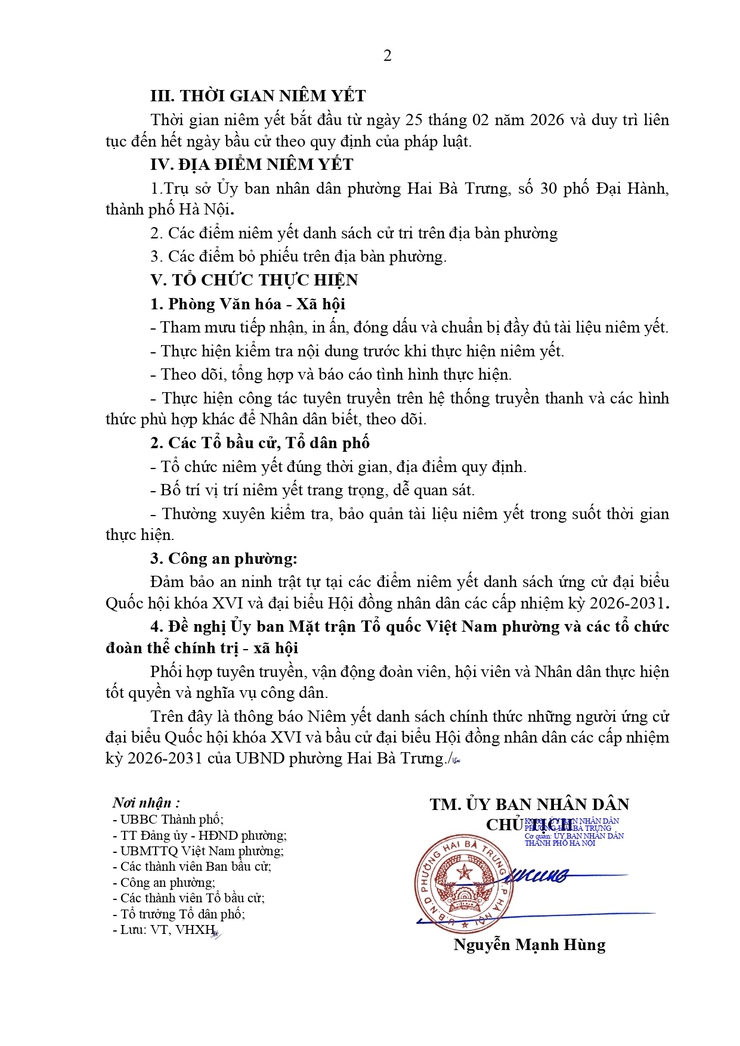Thông báo niêm yết danh sách chính thức những người ứng cử đại biểu Quốc hội khóa XVI và bầu cử đại biểu Hội đồng nhân dân các cấp nhiệm kỳ 2026 - 2031 trên địa bàn phường Hai Bà Trưng.- Ảnh 2.