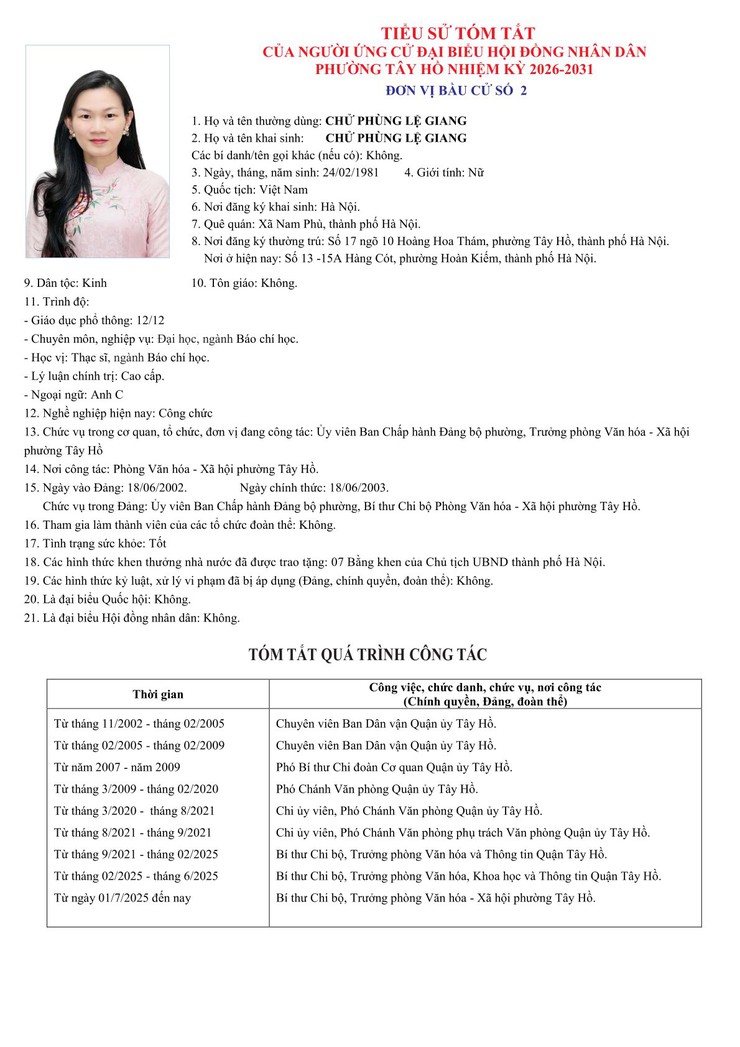 Công khai Tiểu sử người ứng cử Đại biểu HĐND phường Tây Hồ, nhiệm kỳ 2026 - 2031- Ảnh 7.