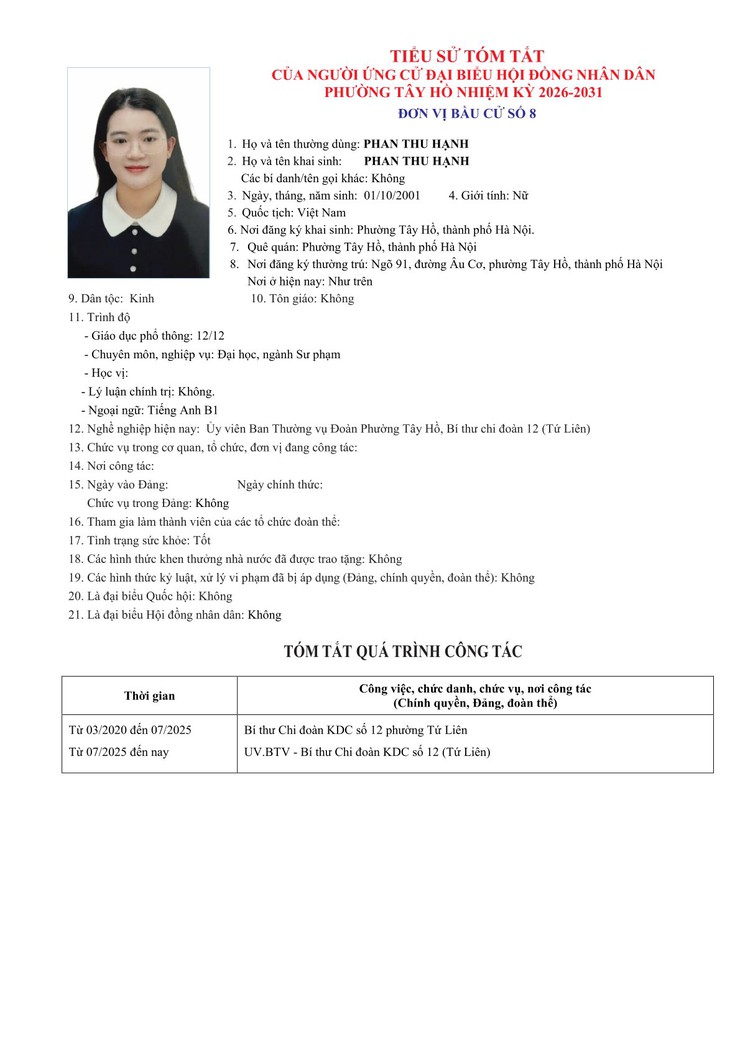 Công khai Tiểu sử người ứng cử Đại biểu HĐND phường Tây Hồ, nhiệm kỳ 2026 - 2031- Ảnh 37.