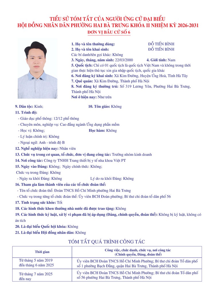 Thông báo niêm yết danh sách chính thức những người ứng cử đại biểu Quốc hội khóa XVI và bầu cử đại biểu Hội đồng nhân dân các cấp nhiệm kỳ 2026 - 2031 trên địa bàn phường Hai Bà Trưng.- Ảnh 38.