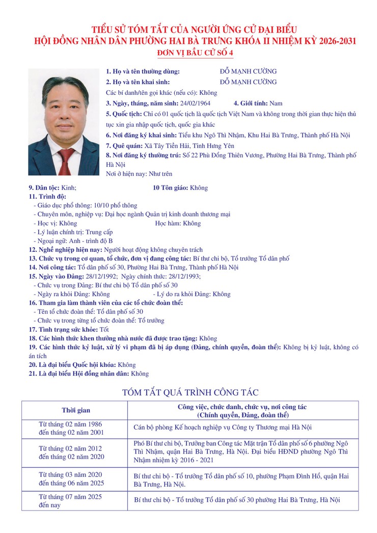 Thông báo niêm yết danh sách chính thức những người ứng cử đại biểu Quốc hội khóa XVI và bầu cử đại biểu Hội đồng nhân dân các cấp nhiệm kỳ 2026 - 2031 trên địa bàn phường Hai Bà Trưng.- Ảnh 24.
