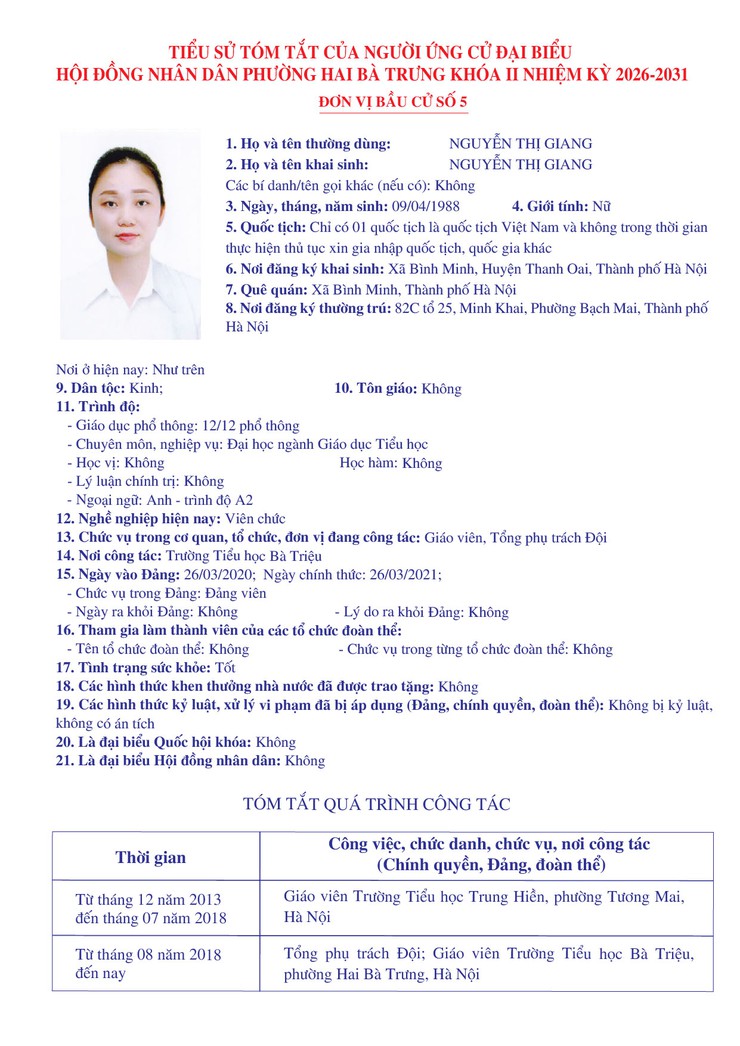 Thông báo niêm yết danh sách chính thức những người ứng cử đại biểu Quốc hội khóa XVI và bầu cử đại biểu Hội đồng nhân dân các cấp nhiệm kỳ 2026 - 2031 trên địa bàn phường Hai Bà Trưng.- Ảnh 34.