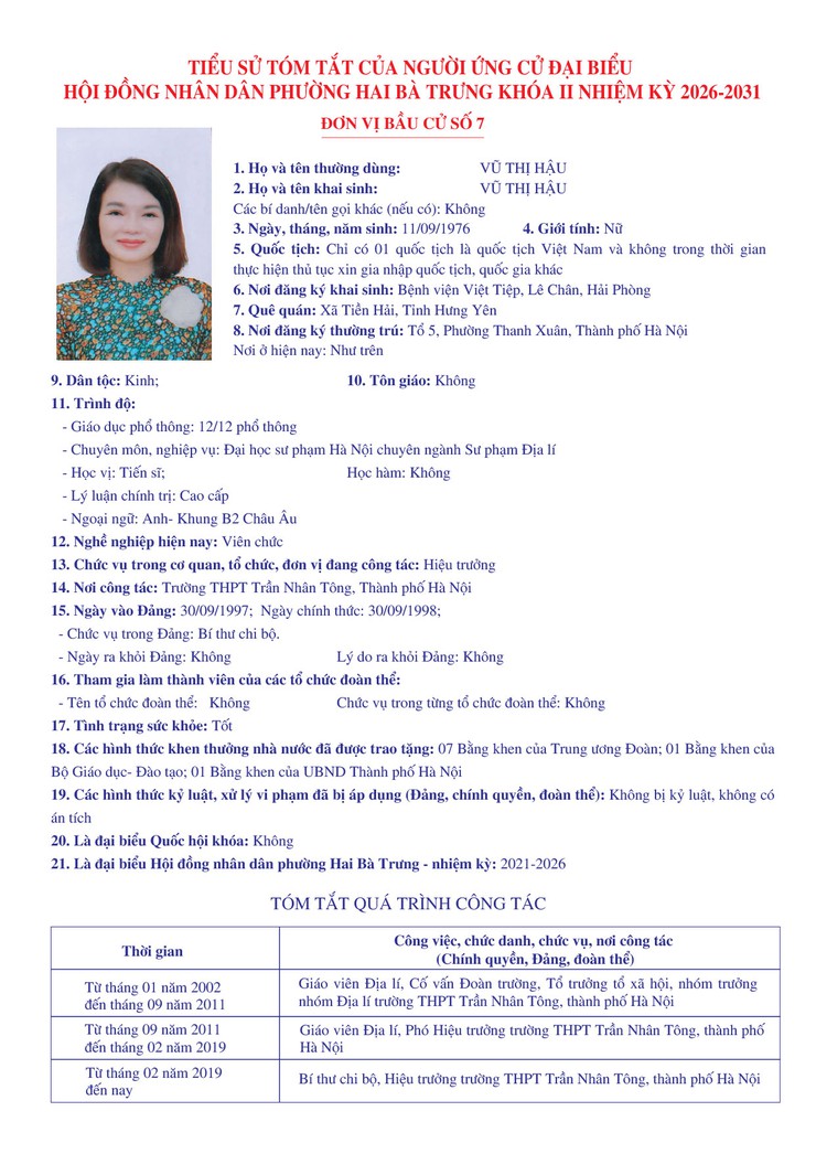 Thông báo niêm yết danh sách chính thức những người ứng cử đại biểu Quốc hội khóa XVI và bầu cử đại biểu Hội đồng nhân dân các cấp nhiệm kỳ 2026 - 2031 trên địa bàn phường Hai Bà Trưng.- Ảnh 49.
