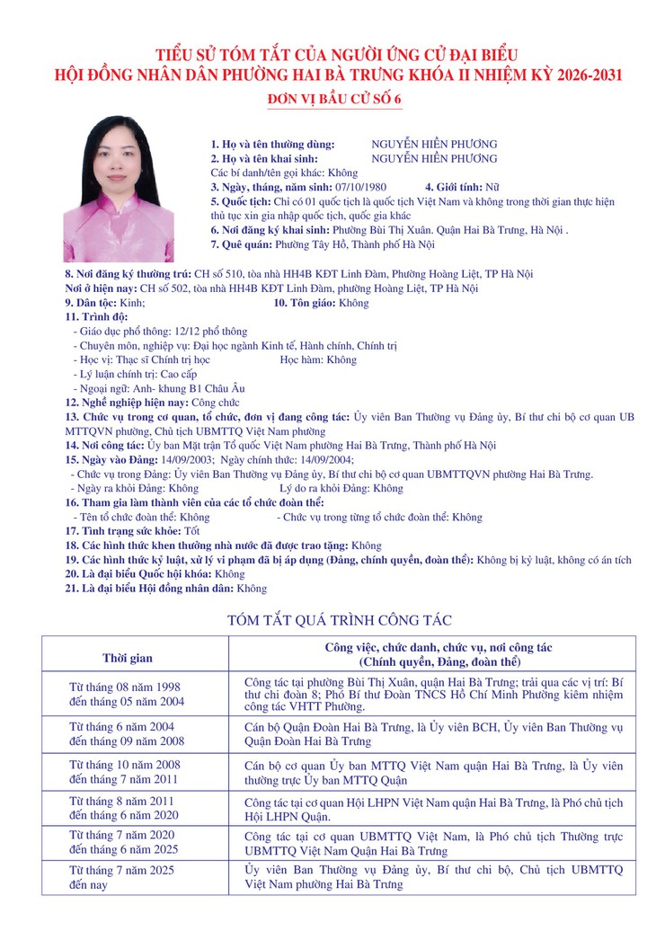 Thông báo niêm yết danh sách chính thức những người ứng cử đại biểu Quốc hội khóa XVI và bầu cử đại biểu Hội đồng nhân dân các cấp nhiệm kỳ 2026 - 2031 trên địa bàn phường Hai Bà Trưng.- Ảnh 41.