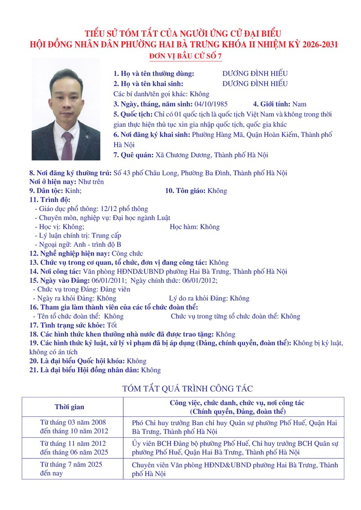 Thông báo niêm yết danh sách chính thức những người ứng cử đại biểu Quốc hội khóa XVI và bầu cử đại biểu Hội đồng nhân dân các cấp nhiệm kỳ 2026 - 2031 trên địa bàn phường Hai Bà Trưng.- Ảnh 50.