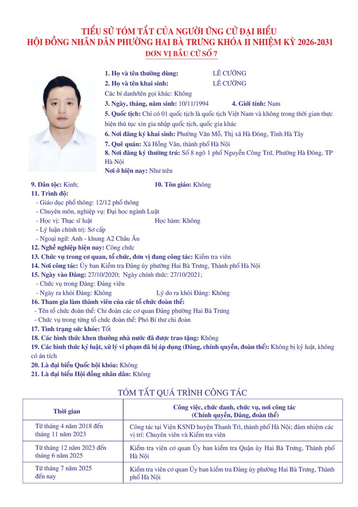 Thông báo niêm yết danh sách chính thức những người ứng cử đại biểu Quốc hội khóa XVI và bầu cử đại biểu Hội đồng nhân dân các cấp nhiệm kỳ 2026 - 2031 trên địa bàn phường Hai Bà Trưng.- Ảnh 46.