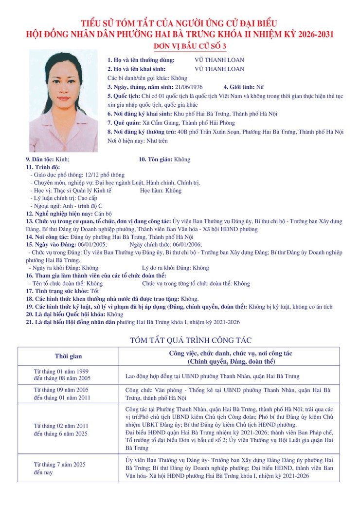 Thông báo niêm yết danh sách chính thức những người ứng cử đại biểu Quốc hội khóa XVI và bầu cử đại biểu Hội đồng nhân dân các cấp nhiệm kỳ 2026 - 2031 trên địa bàn phường Hai Bà Trưng.- Ảnh 20.