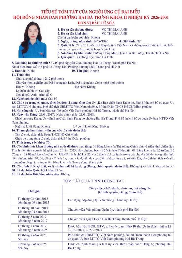 Thông báo niêm yết danh sách chính thức những người ứng cử đại biểu Quốc hội khóa XVI và bầu cử đại biểu Hội đồng nhân dân các cấp nhiệm kỳ 2026 - 2031 trên địa bàn phường Hai Bà Trưng.- Ảnh 30.