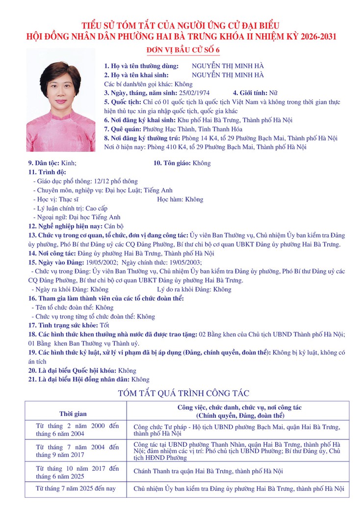 Thông báo niêm yết danh sách chính thức những người ứng cử đại biểu Quốc hội khóa XVI và bầu cử đại biểu Hội đồng nhân dân các cấp nhiệm kỳ 2026 - 2031 trên địa bàn phường Hai Bà Trưng.- Ảnh 40.