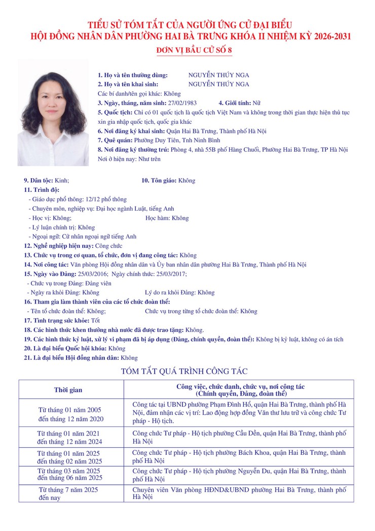 Thông báo niêm yết danh sách chính thức những người ứng cử đại biểu Quốc hội khóa XVI và bầu cử đại biểu Hội đồng nhân dân các cấp nhiệm kỳ 2026 - 2031 trên địa bàn phường Hai Bà Trưng.- Ảnh 55.