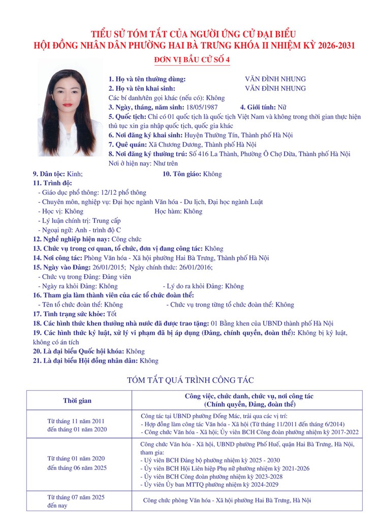 Thông báo niêm yết danh sách chính thức những người ứng cử đại biểu Quốc hội khóa XVI và bầu cử đại biểu Hội đồng nhân dân các cấp nhiệm kỳ 2026 - 2031 trên địa bàn phường Hai Bà Trưng.- Ảnh 27.