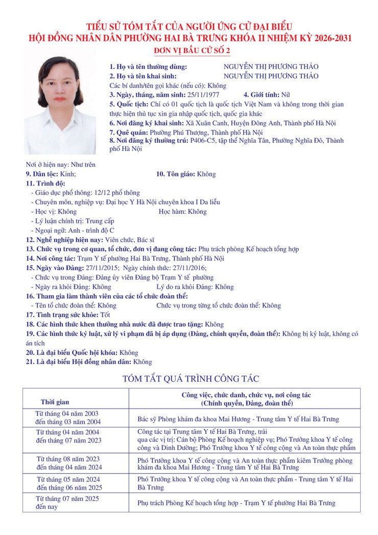 Thông báo niêm yết danh sách chính thức những người ứng cử đại biểu Quốc hội khóa XVI và bầu cử đại biểu Hội đồng nhân dân các cấp nhiệm kỳ 2026 - 2031 trên địa bàn phường Hai Bà Trưng.- Ảnh 16.