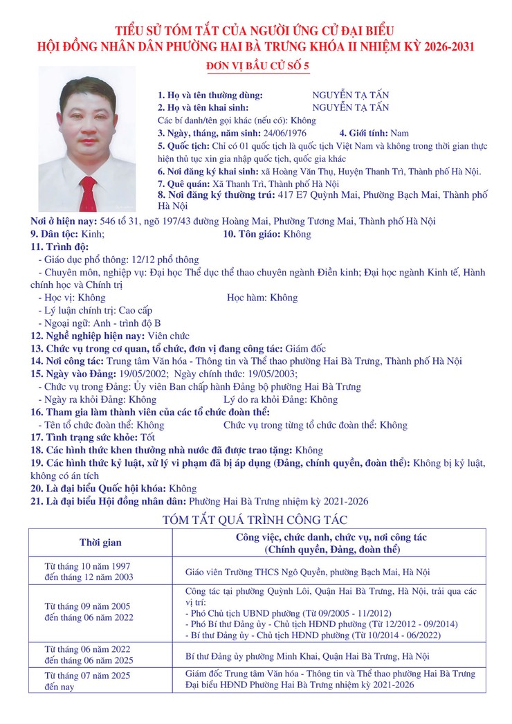 Thông báo niêm yết danh sách chính thức những người ứng cử đại biểu Quốc hội khóa XVI và bầu cử đại biểu Hội đồng nhân dân các cấp nhiệm kỳ 2026 - 2031 trên địa bàn phường Hai Bà Trưng.- Ảnh 35.