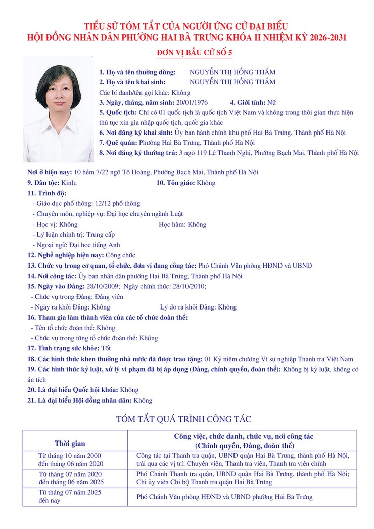 Thông báo niêm yết danh sách chính thức những người ứng cử đại biểu Quốc hội khóa XVI và bầu cử đại biểu Hội đồng nhân dân các cấp nhiệm kỳ 2026 - 2031 trên địa bàn phường Hai Bà Trưng.- Ảnh 36.