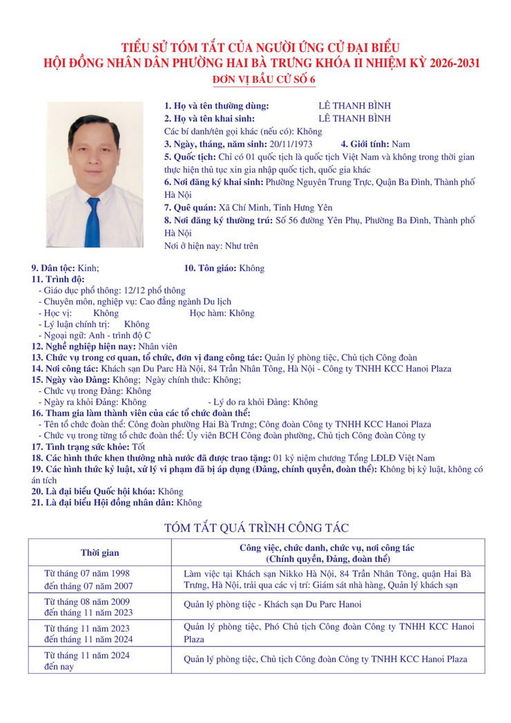 Thông báo niêm yết danh sách chính thức những người ứng cử đại biểu Quốc hội khóa XVI và bầu cử đại biểu Hội đồng nhân dân các cấp nhiệm kỳ 2026 - 2031 trên địa bàn phường Hai Bà Trưng.- Ảnh 39.