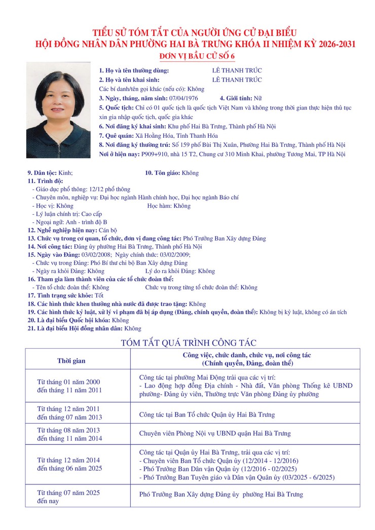 Thông báo niêm yết danh sách chính thức những người ứng cử đại biểu Quốc hội khóa XVI và bầu cử đại biểu Hội đồng nhân dân các cấp nhiệm kỳ 2026 - 2031 trên địa bàn phường Hai Bà Trưng.- Ảnh 42.