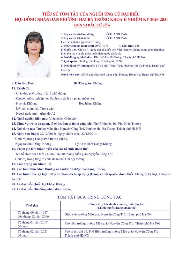 Thông báo niêm yết danh sách chính thức những người ứng cử đại biểu Quốc hội khóa XVI và bầu cử đại biểu Hội đồng nhân dân các cấp nhiệm kỳ 2026 - 2031 trên địa bàn phường Hai Bà Trưng.- Ảnh 44.