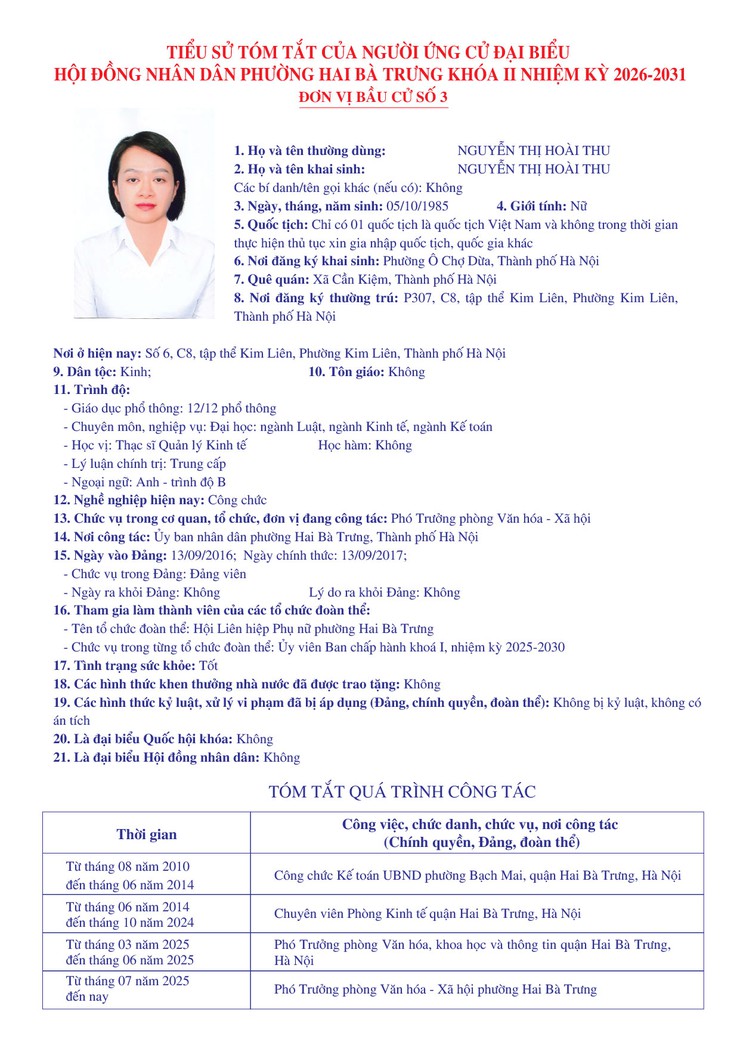 Thông báo niêm yết danh sách chính thức những người ứng cử đại biểu Quốc hội khóa XVI và bầu cử đại biểu Hội đồng nhân dân các cấp nhiệm kỳ 2026 - 2031 trên địa bàn phường Hai Bà Trưng.- Ảnh 22.