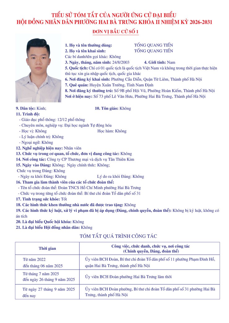 Thông báo niêm yết danh sách chính thức những người ứng cử đại biểu Quốc hội khóa XVI và bầu cử đại biểu Hội đồng nhân dân các cấp nhiệm kỳ 2026 - 2031 trên địa bàn phường Hai Bà Trưng.- Ảnh 10.