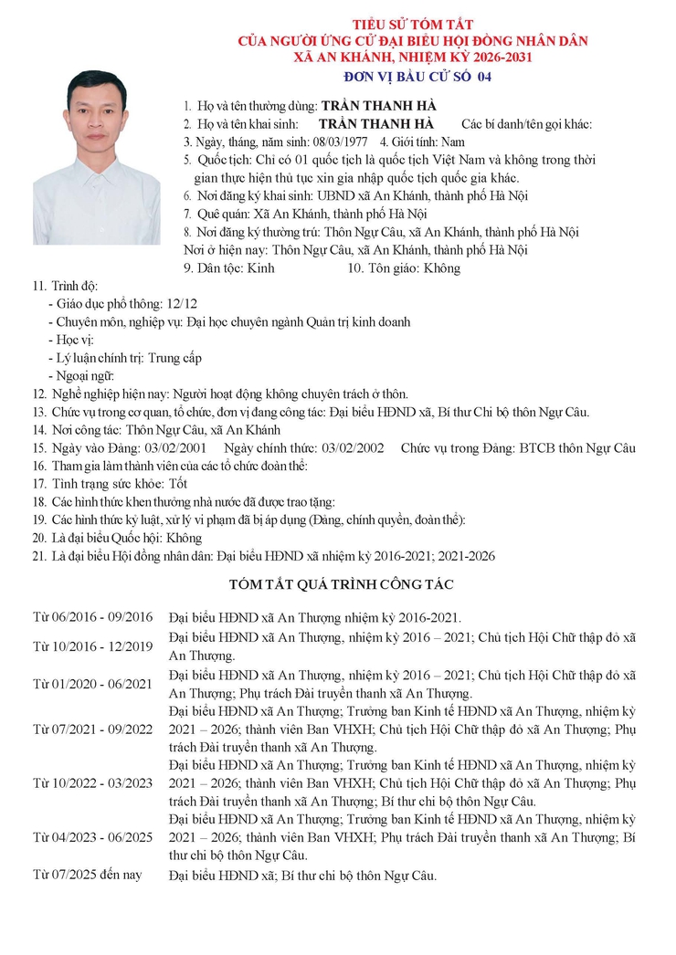 Danh sách người ứng cử Đại biểu Hội đồng Nhân dân xã An Khánh nhiệm kỳ 2026 - 2031- Ảnh 20.