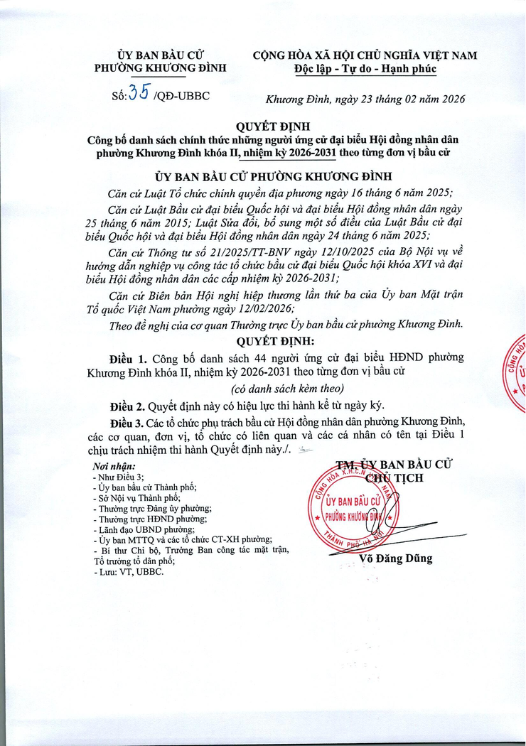 Khương Đình: Công bố danh sách chính thức những người ứng cử đại biểu Hội đồng nhân dân phường Khương Đình khóa II, nhiệm kỳ 2026-2031 theo từng đơn vị bầu cử- Ảnh 1.