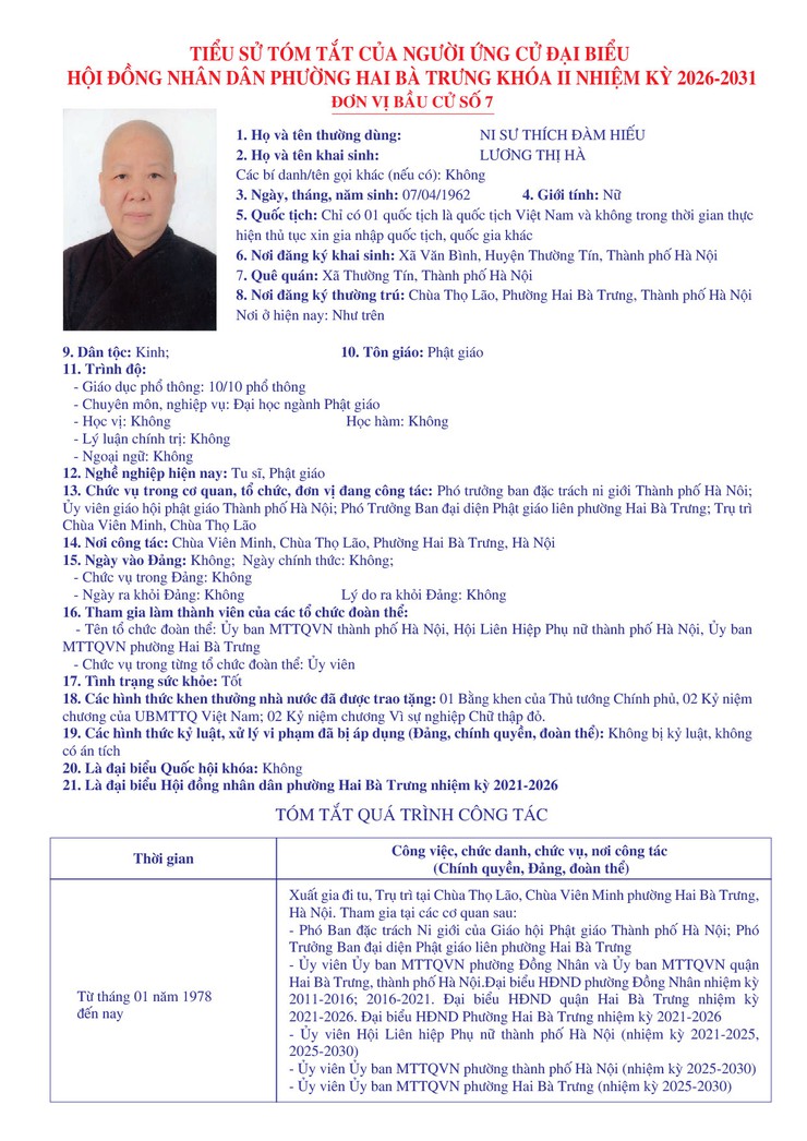 Thông báo niêm yết danh sách chính thức những người ứng cử đại biểu Quốc hội khóa XVI và bầu cử đại biểu Hội đồng nhân dân các cấp nhiệm kỳ 2026 - 2031 trên địa bàn phường Hai Bà Trưng.- Ảnh 48.