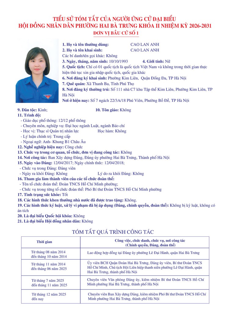 Thông báo niêm yết danh sách chính thức những người ứng cử đại biểu Quốc hội khóa XVI và bầu cử đại biểu Hội đồng nhân dân các cấp nhiệm kỳ 2026 - 2031 trên địa bàn phường Hai Bà Trưng.- Ảnh 6.