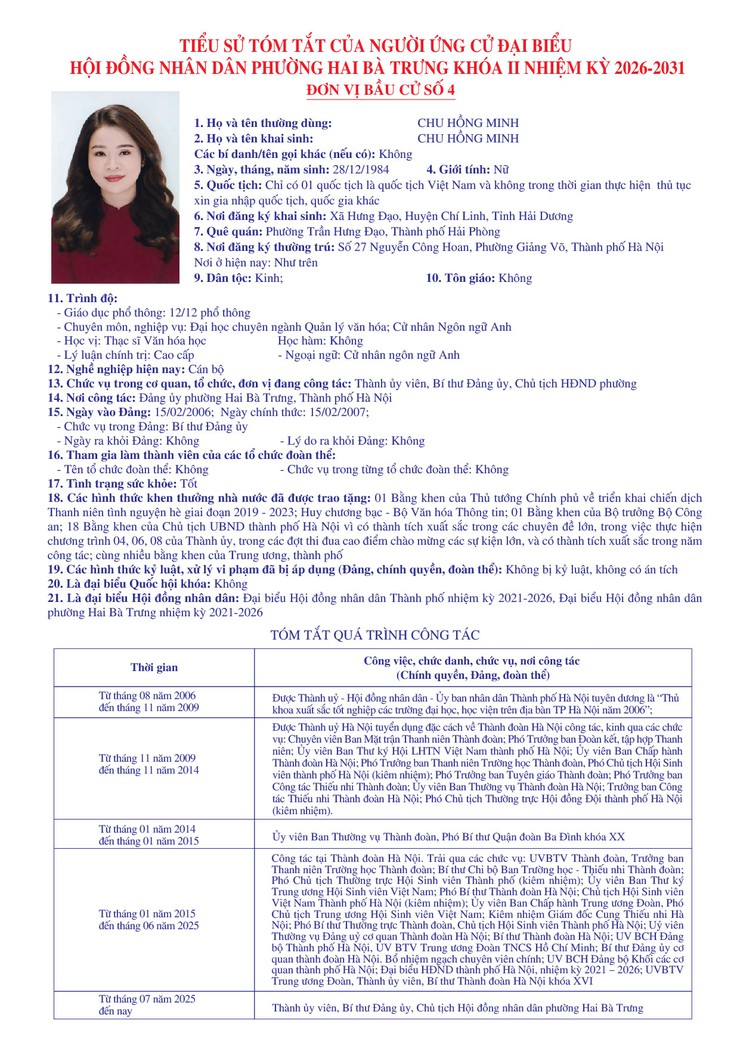 Thông báo niêm yết danh sách chính thức những người ứng cử đại biểu Quốc hội khóa XVI và bầu cử đại biểu Hội đồng nhân dân các cấp nhiệm kỳ 2026 - 2031 trên địa bàn phường Hai Bà Trưng.- Ảnh 26.