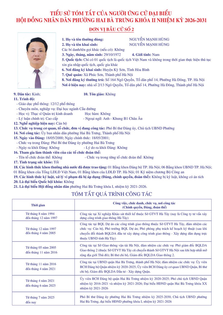 Thông báo niêm yết danh sách chính thức những người ứng cử đại biểu Quốc hội khóa XVI và bầu cử đại biểu Hội đồng nhân dân các cấp nhiệm kỳ 2026 - 2031 trên địa bàn phường Hai Bà Trưng.- Ảnh 14.