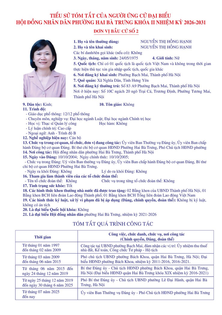 Thông báo niêm yết danh sách chính thức những người ứng cử đại biểu Quốc hội khóa XVI và bầu cử đại biểu Hội đồng nhân dân các cấp nhiệm kỳ 2026 - 2031 trên địa bàn phường Hai Bà Trưng.- Ảnh 13.