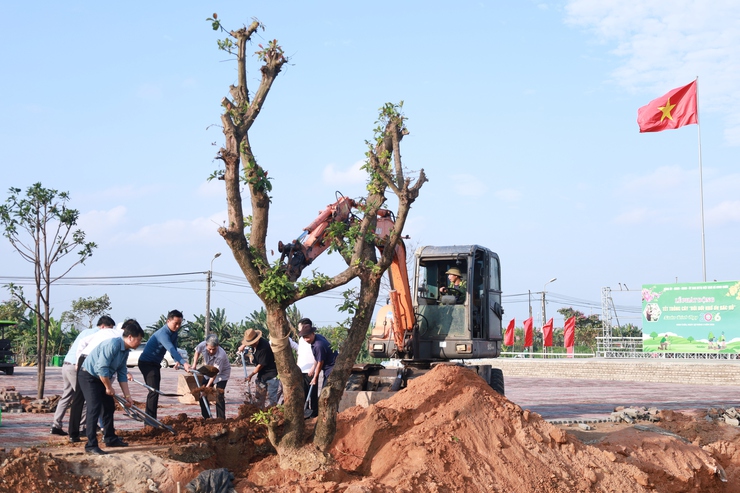 Lãnh đạo xã Minh Châu ra quân trồng cây đầu xuân 2026 tại khu vực Chợ Minh Châu.- Ảnh 6.