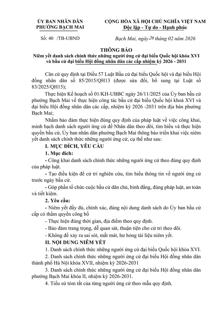 Thông báo niêm yết danh sách chính thức những người ứng cử đại biểu Quốc hội khóa XVI và bầu cử đại biểu Hội đồng nhân dân các cấp nhiệm kỳ 2026-2031- Ảnh 1.