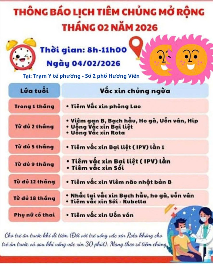 Thông báo lịch tiêm chủng mở rộng tháng 02 năm 2026 trên địa bàn phường Hai Bà Trưng.- Ảnh 1.