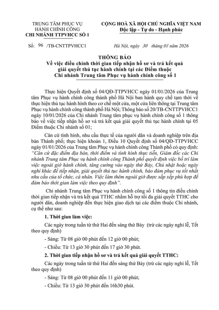 Thông báo về việc điều chỉnh thời gian tiếp nhận hồ sơ và trả kết quả giải quyết thủ tục hành chính tại các Điểm thuộc Chi nhánh Trung tâm Phục vụ hành chính công số 1- Ảnh 1.