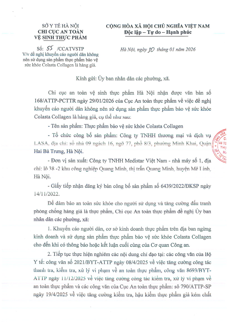 Khuyến cáo người dân không nên sử dụng sản phẩm thực phẩm bảo vệ sức khỏe Colasta Colloagen là hàng giả.- Ảnh 1.