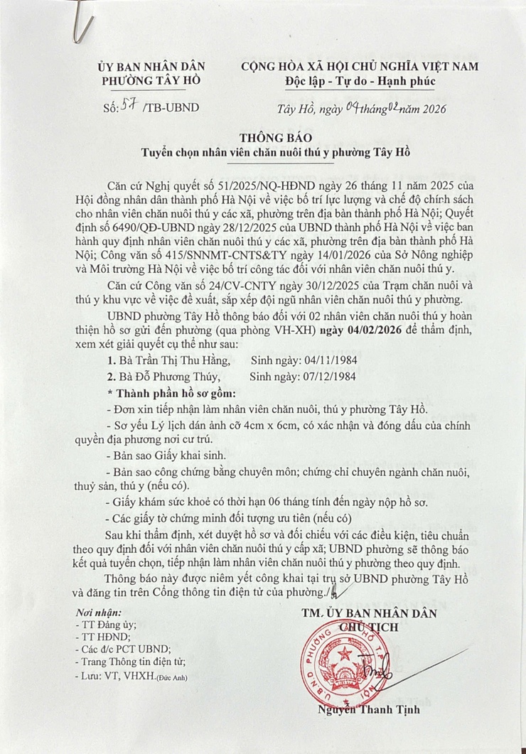 Thông báo tuyển chọn nhân viên chăn nuôi thú y phường Tây Hồ- Ảnh 1.