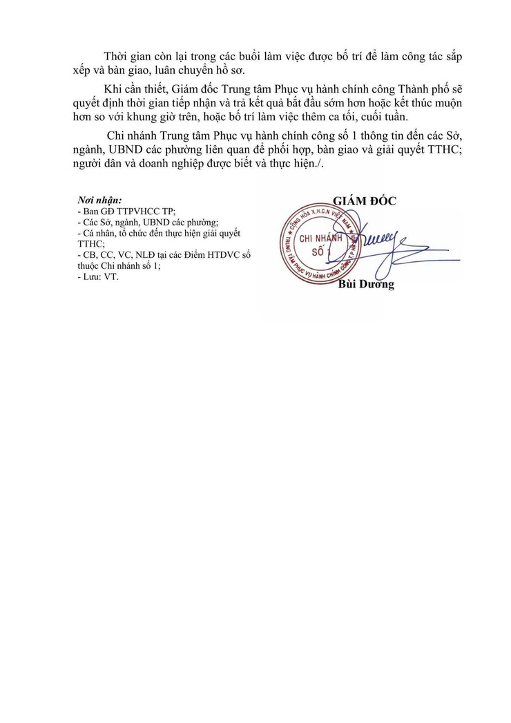 Thông báo về việc điều chỉnh thời gian tiếp nhận hồ sơ và trả kết quả giải quyết thủ tục hành chính tại các Điểm thuộc Chi nhánh Trung tâm Phục vụ hành chính công số 1- Ảnh 2.