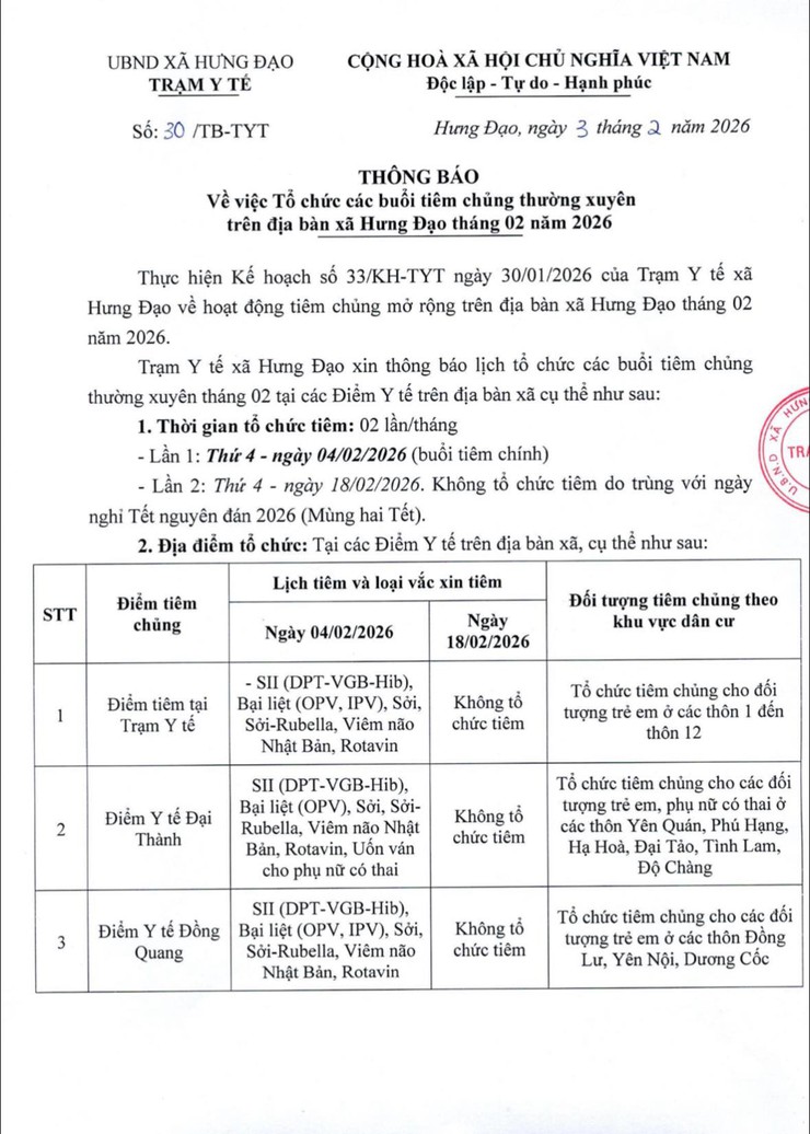 THÔNG BÁO
Về việc tổ chức các buổi tiêm chủng thường xuyên trên địa bàn xã Hưng Đạo tháng 02 năm 2026- Ảnh 1.