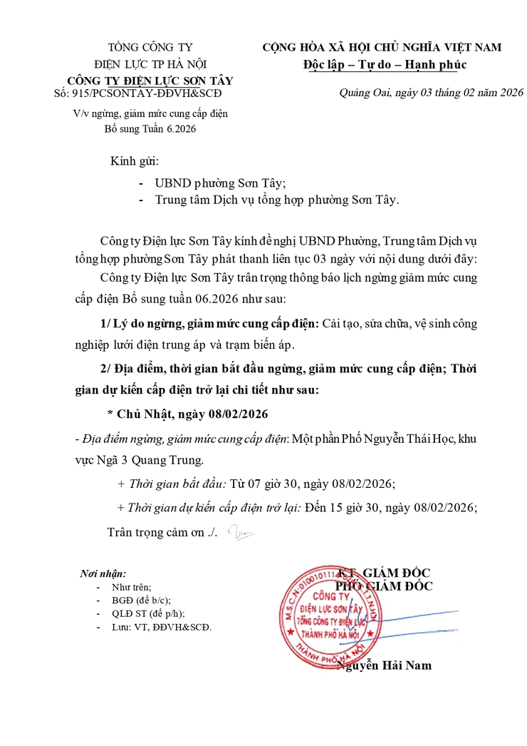 Thông báo công khai về việc ngừng, giảm mức cung cấp điện (Bổ sung Tuần 6) của Công ty Điện lực Sơn Tây- Ảnh 1.