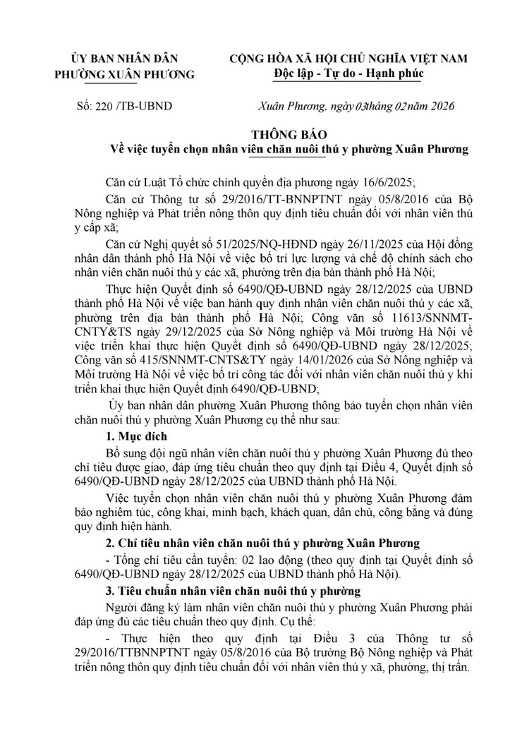 Thông báo số 220/TB-UBND ngày 03/2/2026 của UBND phường Xuân Phương về việc tuyển chọn nhân viên chăn nuôi thú y phường Xuân Phương- Ảnh 1.
