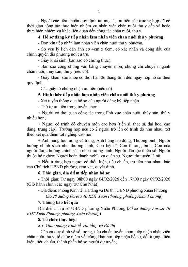 Thông báo số 220/TB-UBND ngày 03/2/2026 của UBND phường Xuân Phương về việc tuyển chọn nhân viên chăn nuôi thú y phường Xuân Phương- Ảnh 2.