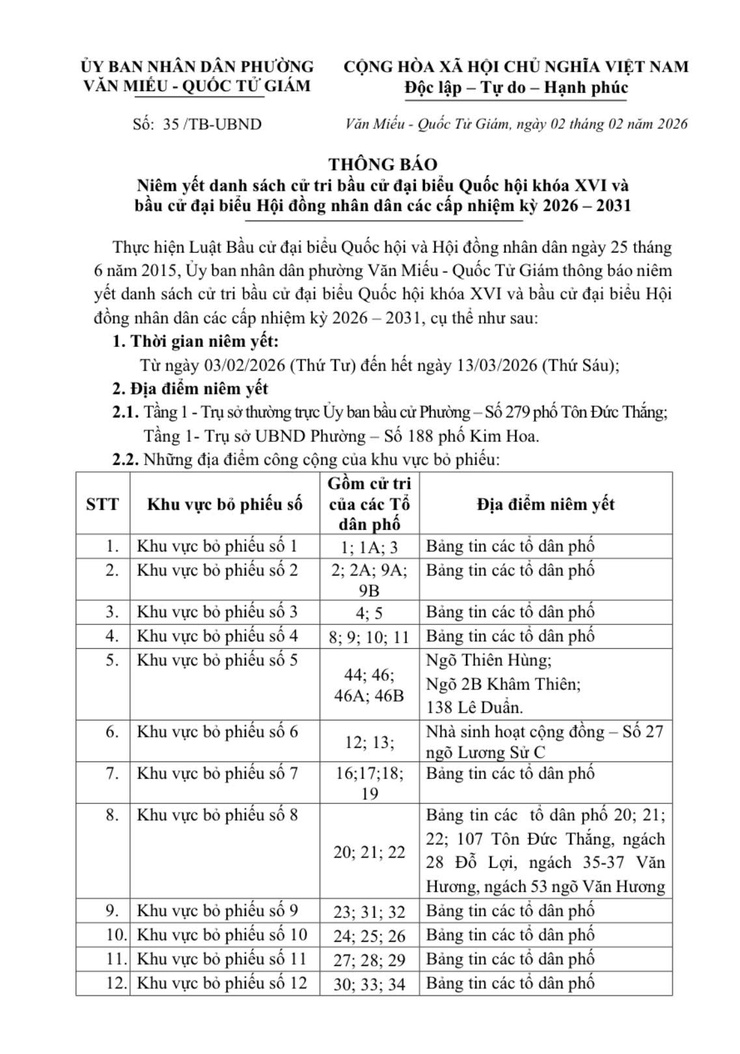 Uỷ ban Bầu cử phường Văn Miếu - Quốc Tử Giám thông báo địa điểm niêm yết danh sách cử tri bầu cử các cấp Đại biểu Quốc hội khoá XVI và Đại biểu HĐND các cấp nhiệm kỳ 2026 - 2031- Ảnh 2.
