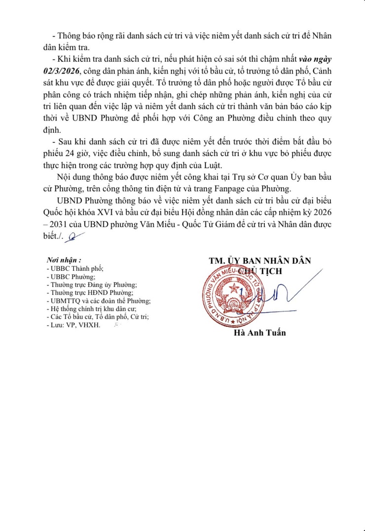 Uỷ ban Bầu cử phường Văn Miếu - Quốc Tử Giám thông báo địa điểm niêm yết danh sách cử tri bầu cử các cấp Đại biểu Quốc hội khoá XVI và Đại biểu HĐND các cấp nhiệm kỳ 2026 - 2031- Ảnh 4.