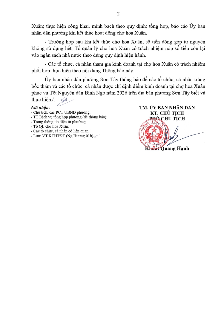 Thông báo công khai Danh sách các tổ chức, cá nhân tham gia đóng góp tự nguyện và tổng số tiền đóng góp phục vụ tổ chức chợ hoa Xuân Tết Nguyên đán Bính Ngọ 2026 trên địa bàn phường Sơn Tây- Ảnh 2.